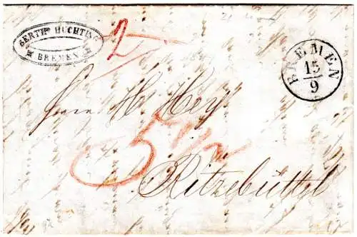 Bremen 1849,  Firmenbrief m. K1 Bremen nach Ritzebüttel b. Hamburg