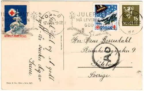 Norwegen 1944, 15 öre auf Zensurkarte v. Oslo m. 2 Weihnachtsmarken God Jul