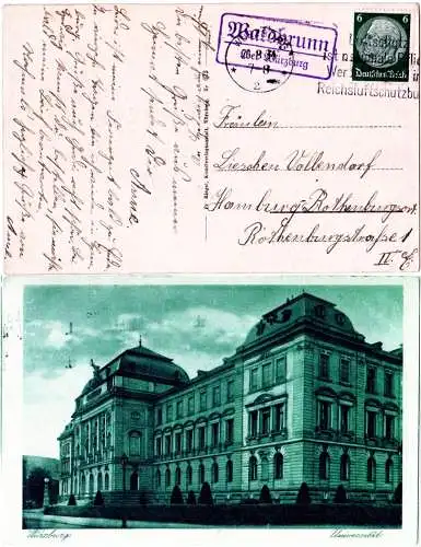 DR 1934, Landpost Stpl. WALDBRUNN über Würzburg auf Universität sw-AK m. 6 Pf.