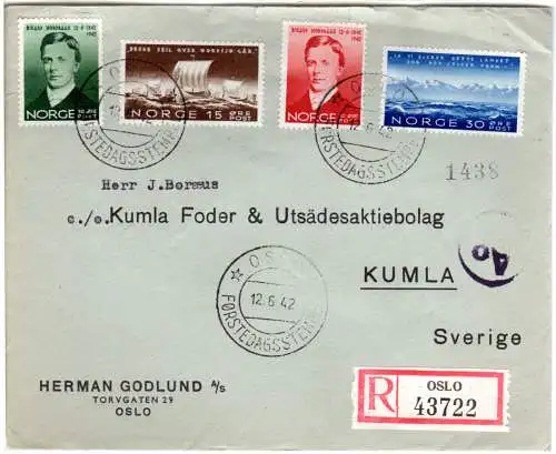 Norwegen 1942, Nordraak kpl. auf Reko Zensur Brief n. Schweden m. Oslo Ersttag.