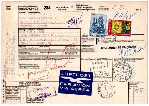 Schweiz 1971, 5 Fr.+30 C. auf Paketkarte v. Affoltern m. gr. Luftpost-Etikett