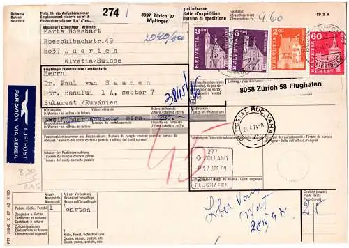Schweiz 1971, 4 Marken auf Paketkarte v. Zürich Wipkingen m. kl. Luftpostetikett