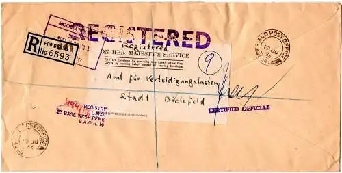 GB 1956, FPO 841, registered letter to a german defense office in Bielefeld