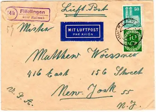 BRD 1952, Landpost Stpl. 14b FLÖZLINGEN über Rottweil auf Luftpost Brief n. USA