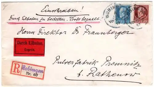 Bayern 1917, 20+50 Pf. auf Express Brief m. eingestempeltem R-Zettel v. Bobingen