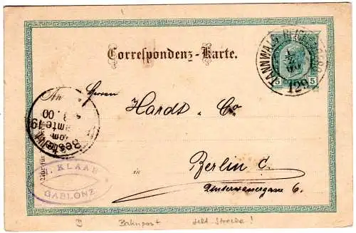 Österreich 1900, Bahnpost-K2 TANNWALD-REICHENBERG 129 auf 5 H. Ganzsache 