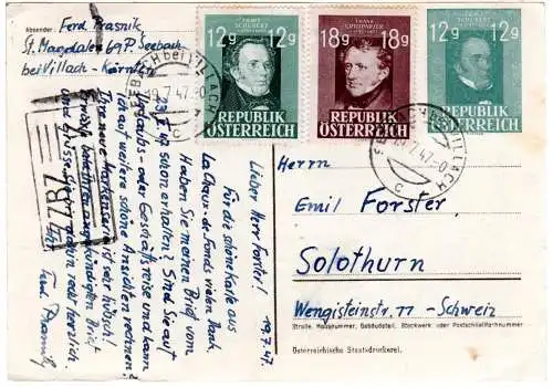 1947, 12+18 G. auf 12 G. Ganzsache v. Seebach b. Villach m. Zensur i.d. Schweiz