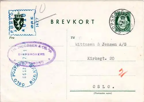 Norwegen 1957, 10 öre Porto-Maschinenfreistpl. auf 20 öre Ganzsache v. Sarpsborg