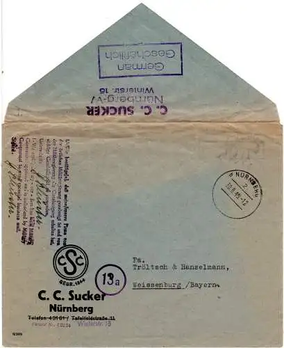 DR August 1945, Firmenbrief v. Nürnberg m. Genehmigungsstpl. u. hds. Franko