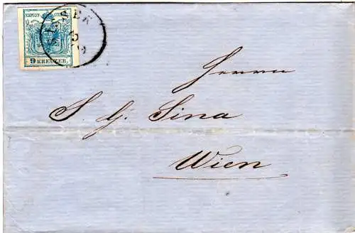 Österreich 1855, breitrandige 9 Kr. auf Brief v. K1 SISSEK via Agram n. Wien