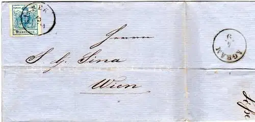 Österreich 1855, breitrandige 9 Kr. auf Brief v. K1 SISSEK via Agram n. Wien
