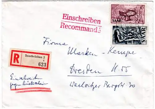 Saar 1956, 20+45 F. auf portorichtigem Einschreiben-Rückschein Brief 