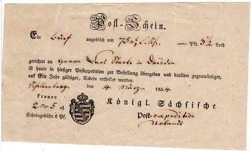 Sachsen 1854, Postschein f. einen Wertbrief v. Schellenberg n. Dresden