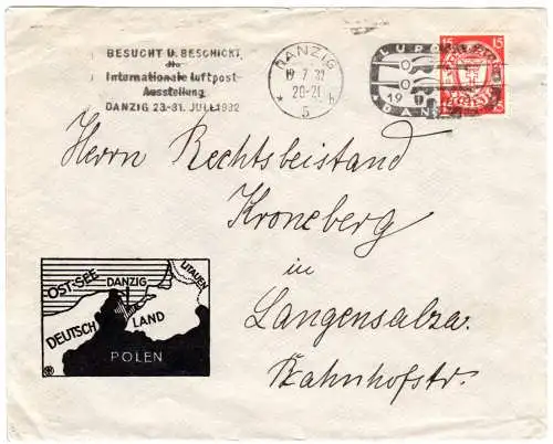Danzig 1932, 15 Pf. auf illustriertem Brief m. Luftpostausstellung Maschinenstpl