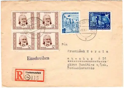 DDR 1952, 6 Sondermarken auf Einschreiben Brief v. Klostermansfeld i.d. CSSR