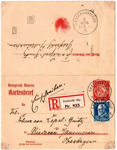 Bayern 1918, 20 Pf. Zusatzfr. auf eingeschr. 10 Pf. Kartenbrief v. Grafrath