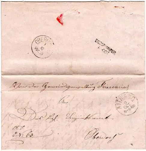 Bayern 1878, L2 BIESSENHOFEN rückseitig auf Brief v. Friesenriech m. K1 Aitrang