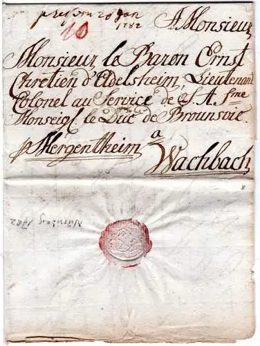 Bayern 1782, Portobrief v. Nürnberg n. Wachbach per Mergentheim, Württemberg