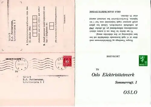 Norwegen 1942, gebr. 5+10 Doppelkarte Ganzsache des Oslo Elektrisitetsverk