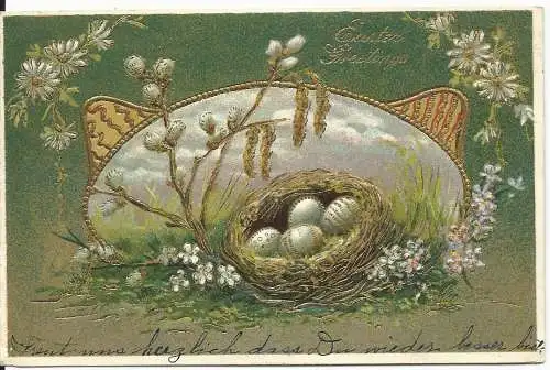 Easter Greetings, Ostern Präge AK m. Nest u. Palmzweig in Gold, gebr. USA 1908