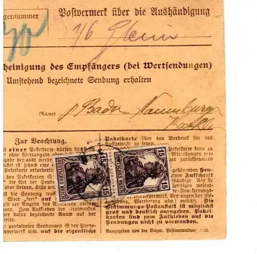 Bayern 1920, 4x80 Pf. Volksstaat +rs. 2x15 Pf. Germania auf Paketkarte v. Murnau