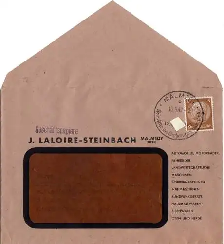 DR 1942, 3 Pf. auf Firmen Drucksachenumschlag v. Malmedy n. Berlin