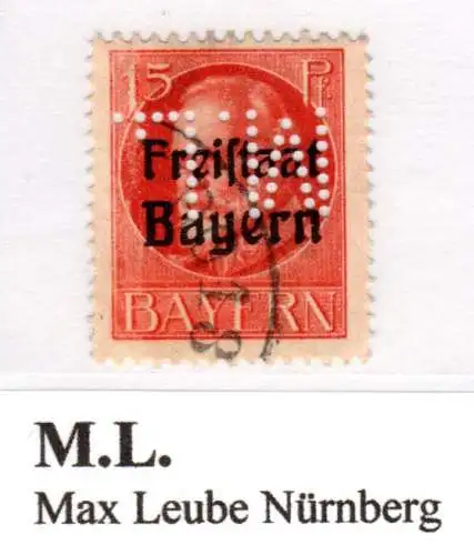 Bayern, gebr. 15 Pf. Freistaat m. Firmenlochung M.L., Max Leube Nürnberg