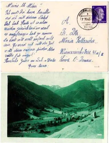 Österreich, Innervillgraten über Sillian, 1943 gebr. Ostmark sw-AK m. 6 Pf.