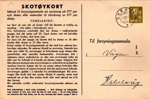 Norwegen 1942, m. L1 VAGAN portofrei zurückgesendete 15+15 öre Antrags Ganzsache