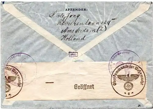 NL 1941, MeF 2x 22 1/2 C. auf Luftpost Zensur Brief v. Amsterdam i.d. USA