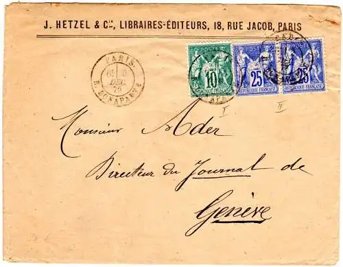 Frankreich 1879, 10 C. (Type I)+2x25 C. (Type II) auf Brief v. Paris n. Geneve