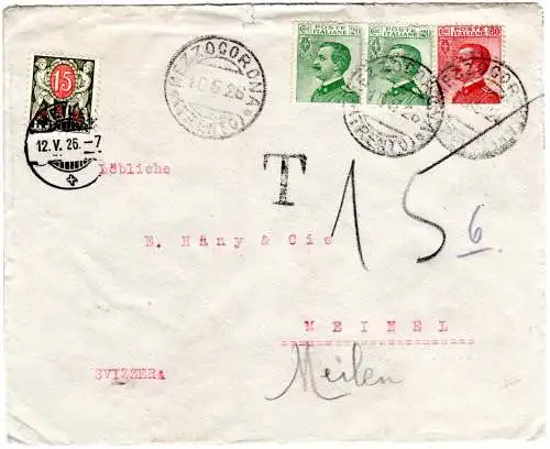 Italien 1926, 60+2x20 C. auf Brief v. Mezzocorona m. Schweiz Portomarke