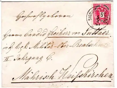 Österreich 1890, NÖ-K1 SIGMUNDSHERBERG auf schönem Adels-Brief m. 5 Kr.