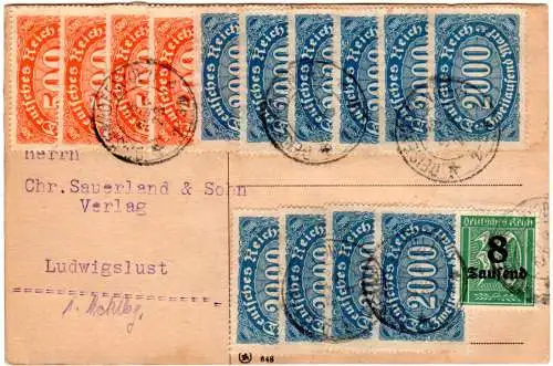 DR 1923, Massenfrankatur v. 15 Werten auf portorichtiger Karte v. Deisenhofen