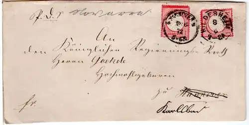 DR 1872, 2x1 Gr. auf Briefvorderseite v. Hildesheim n. Hannover dann n. Karlsbad
