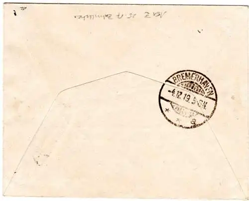 Bayern 1919, 5 Mark Freistaat auf Einschreiben Brief v. Nürnberg n. Bremerhaven.