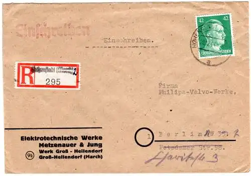 DR 1944, 42 Pf. auf Brief m. eingestempeltem Reko-Zettel v. Hohenstadt (March)