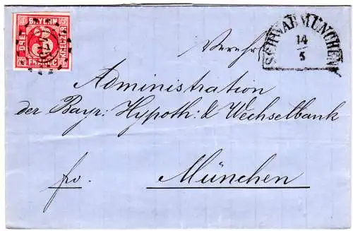 Bayern 1863, oMR 475 Schwabmünchen klar auf Brief m. voll-/breitrandiger 3 Kr.