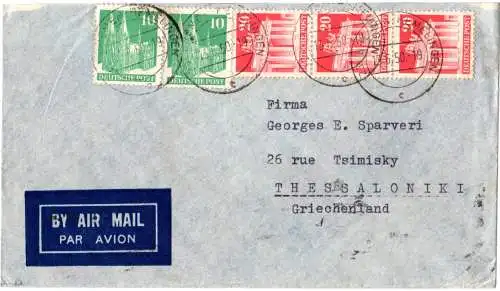 1950, 3x20+2x10 Pf. auf Luftpost Brief v. Bremen-Hemelingen n. Griechenland