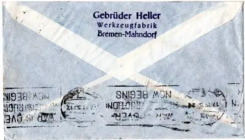 1950, 3x20+2x10 Pf. auf Luftpost Brief v. Bremen-Hemelingen n. Griechenland