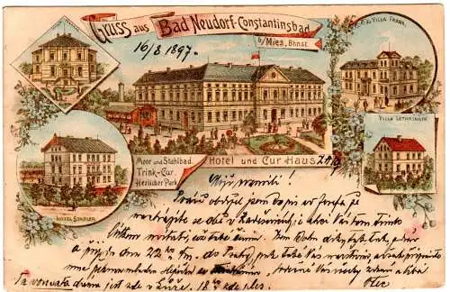 Tschechien, Gruß aus Bad Neudorf-Constantinsbad m. Hotels, 1897 gebr. Litho-AK