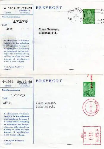 Norwegen 1959/62, 2 von Arendal n. Blakstad gebr. Stromregning Privat Ganzsachen