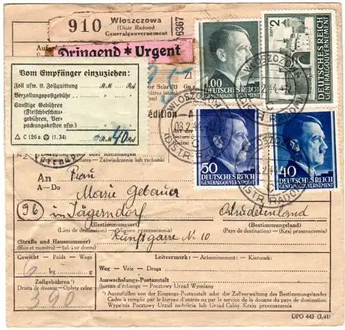Generalgouvernement 1944, 4 Marken auf Paketkarte v. Wloszczowa m. 2 Aufklebern