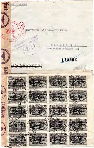 Griechenland 1944, MeF 20x100 Dr. rücks. auf Einschreiben Zensur Brief v. Athen 