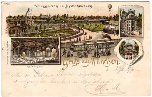 Gruß aus München, Volksgarten in Nymphenburg, 1897 gebr. Litho-AK