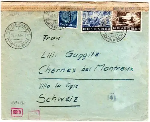 DR 1943, 3 Marken auf Zensur Brief v. Handorf-Hornheide üb. Münster i.d. Schweiz