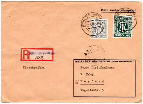 AM-Post 1946, 4+50 Pf. auf Einschreiben Brief m. eingest. R-Zettel v. Münster