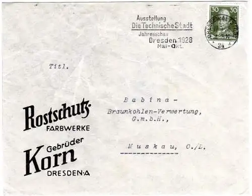 DR 1928, EF 30 Pf. Lessing auf Firmenbrief m. Maschinen-Werbestpl. v. Dresden