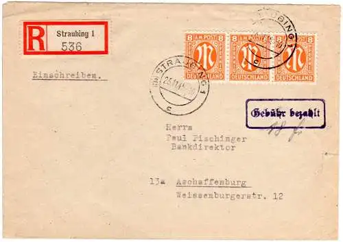 AM-Post 1945, Einschreiben Brief v. Straubing m. portorichtiger Teilbarfrankatur