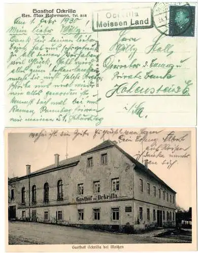 DR 1930, Landpoststpl. OCKRILLA über Meissen Land auf Gasthaus sw-AK m. 6 Pf.